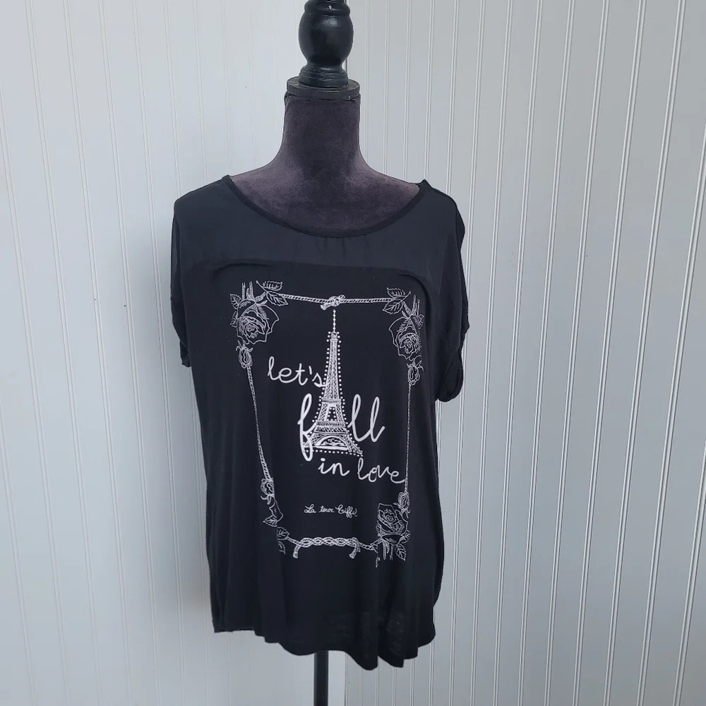 SJS Women's XL T-Shirt Black Studded Let's Fall In Love Eiffel Tower Stretch Top